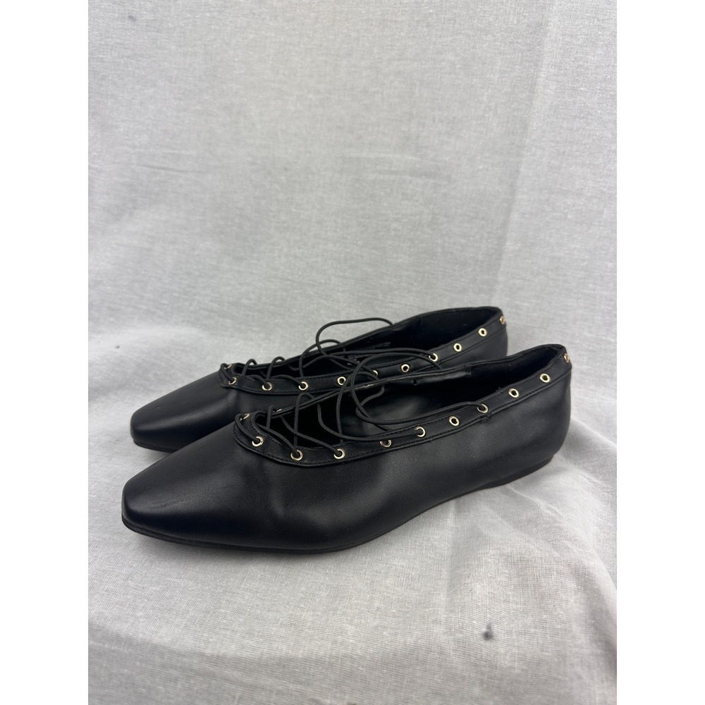 Wild Fable Black Lace Up Ballet Flats Gold Grommet Almond Toe Shoes Womens 8